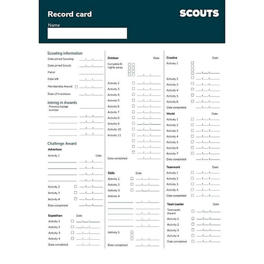 Scout Record Cards - Pack of Ten
