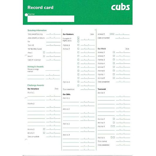 Cub Scout Record Cards - Pack of Ten
