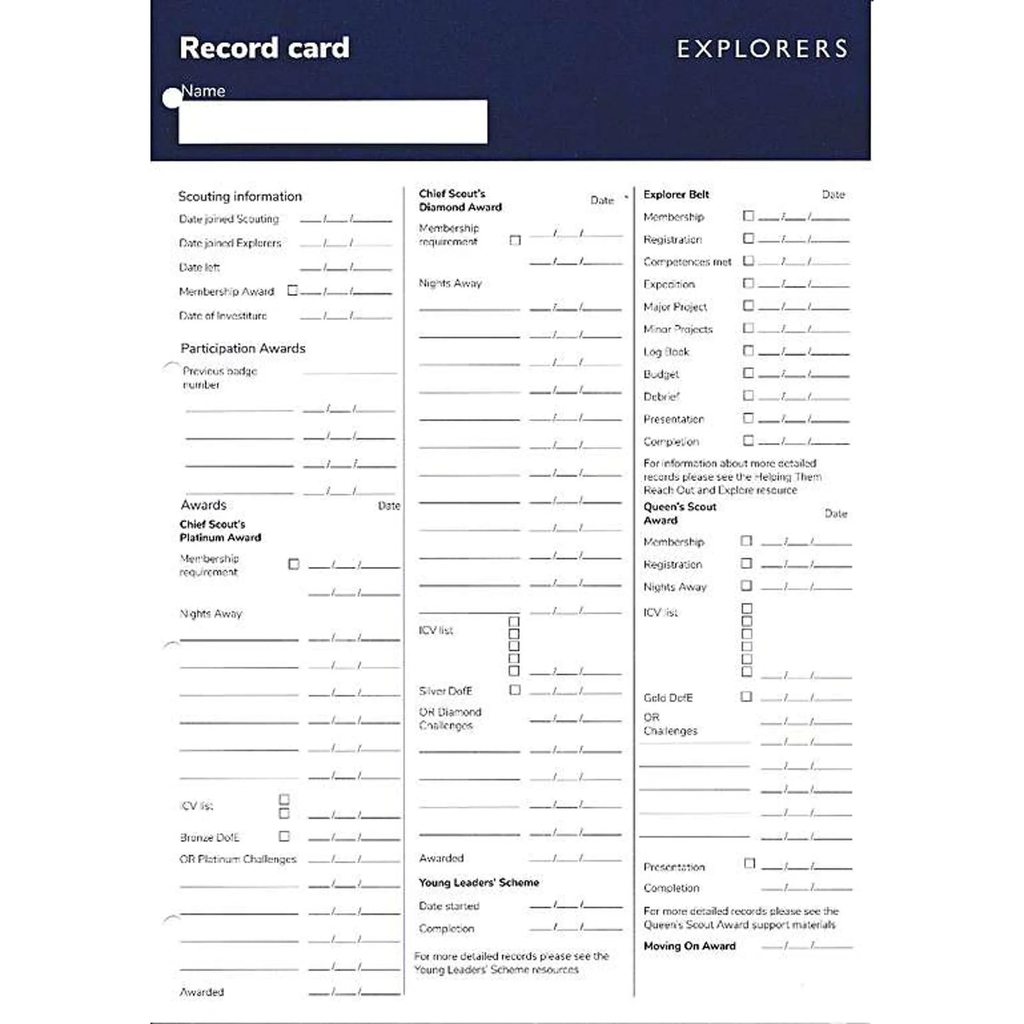 Explorer Scout Record Cards - Pack of Ten