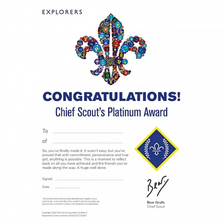 Chief Scout's Platinum Award Certificate - Pack of 10