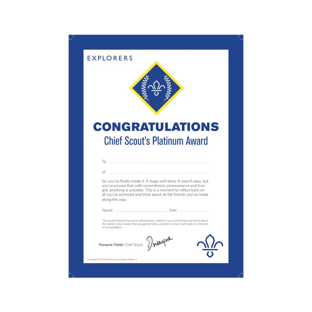 Chief Scout's Platinum Award Certificate - Pack of 10