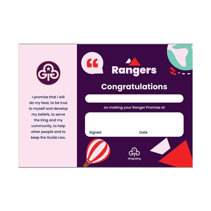 Rangers Promise certificate – The Scout And Guide Shop
